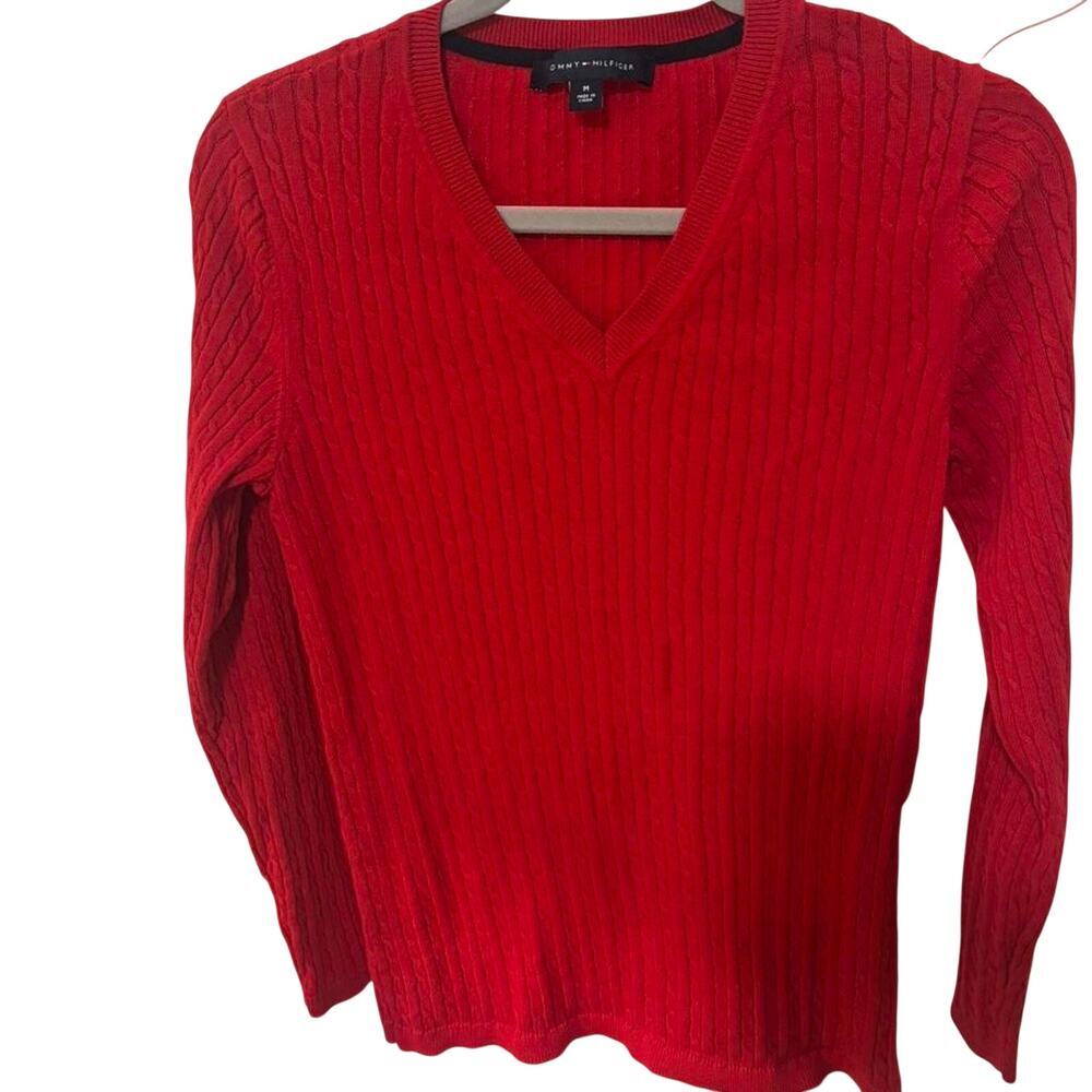 Tommy Hilfiger Red Cable Knit V-Neck Sweater Women’s Medium Classic Cotton - Picture 7 of 8